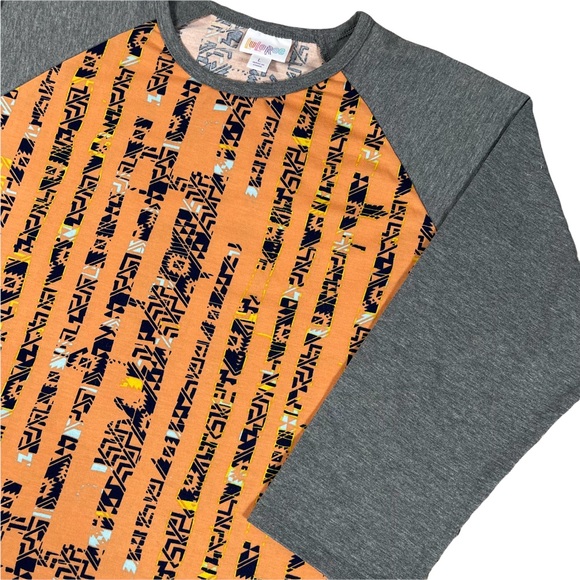 Lularoe size large orange tribal design, grey 3/4 sleeves & collar, curved hem - Picture 3 of 12